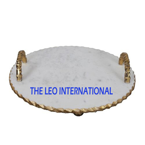 Plateau rond en marbre avec poignées en aluminium, vaisselle et assiettes sécurisées, style élégant, fabrication artisanale de luxe - Product Image 1