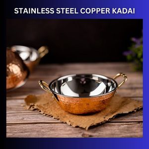 Top vendeur fait à la main 1150ml taille en acier inoxydable cuivre plat servant de la nourriture indienne Daal Curry ensemble Karahi Kadai bol de travail - Product Image 5