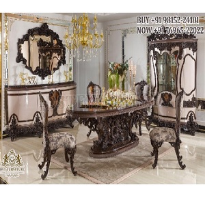 Juego de mesa de comedor de lujo con pulido de nogal, muebles de comedor tallados de gama alta para cabaña, juego de comedor antiguo italiano de alto brillo - Product Image 1