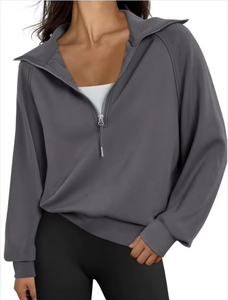 2025 été européen américain femmes demi-fermeture éclair sweat nouveau court col montant Plus velours couleur unie grande taille - Product Image 4