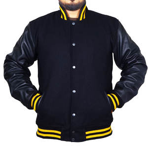 New Best Quality Custom Made <b>Canvas</b> Leather Letterman <b>Jacket</b> with Stand Collar and Front Logo for <b>Men</b>-High Quality Adult & Youth - Product Image 1
