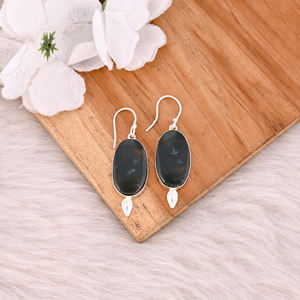 Pendientes colgantes de Latón chapado en plata hechos a mano, piedra de sangre, piedra preciosa ovalada con ajuste de bisel, joyería de boda al por mayor - Product Image 2