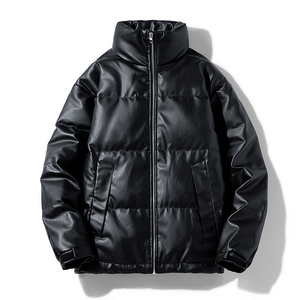 Haute qualité personnalisé hommes vers le bas manteaux homme vêtements mode Vintage court noir bouffant en cuir Pu Bomber doudoune - Product Image 1