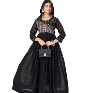 Compre ahora el más impresionante vestido de Georgette de imitación de longitud larga con bordado de Color negro/Kurti para mujeres y niñas a precio mayorista - Product Image 1