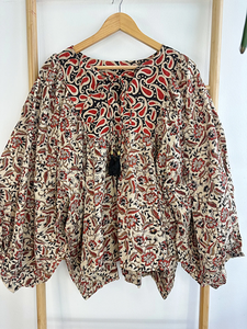 เสื้อเบลาส์โบโฮผ้าฝ้ายแท้พิมพ์ลายดอกไม้สีเอิร์ธโทนอินเดียชุดใส่กลางวันใส่สบายคุณภาพสูงความยาวสั้นผ้าชีฟองใส่สบายสำหรับฤดูร้อน - Product Image 5