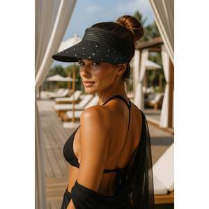Chapeau de paille large avec embellissements en pierres noires et détails en ruban - Accessoire de plage et de protection solaire HSR2091 - black2091 - Product Image 1