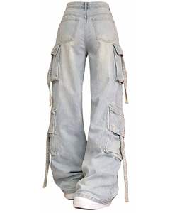 Pantalones Vaqueros Cargo Azul Claro para Mujer, Estilo Urbano, Corte Holgado, Multibolsillos, Lavado Vintage, Pantalones de Moda - Product Image 3