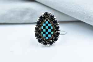 Handmade Black Onyx Mojave Turquoise Sterling <b>Silver</b> Bezel Setting Checkered Adjustable <b>Statement</b> <b>Ring</b> for Women Wedding Party - Product Image 5