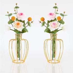 Vase à fleurs décoratif en fil métallique rond avec tube en verre et finition dorée, pour table de salon, pot à fleurs pour la maison - Product Image 1