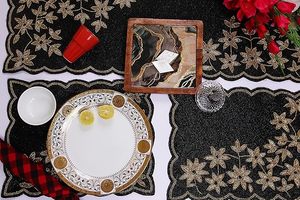 Beaded Design <b>Table</b> <b>Mat</b> Black & Golden Flower Decorative Round Placemat for Wedding & New Year Celebration - Product Image 4