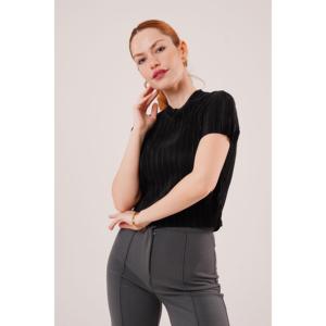 Lustrin Women's Ribbed Short Sleeve <b>Shiny</b> Black Blouse - Wholesale Fashion <b>Top</b> for Casual Wear, Available in S, M, L Sizes - Product Image 4