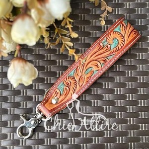 <b>Tooled</b> <b>Leather</b> Key Clip Western <b>Leather</b> Keychain Wristlet Personalized Key Fob Cowgirl Car Key Wristlet Key Strap Wrist Keychain - Product Image 1