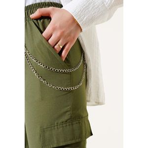 Pantalones Cargo de cintura elástica caqui para mujer con tela de lona transpirable estilo acampanado de cintura media decoración de rayas laterales lavado de colores - Product Image 3