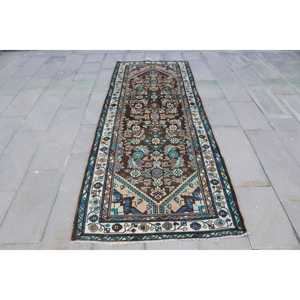 Alfombra de 3.6x9.3 pies, Alfombra Turca Vintage, Alfombra Floral Marrón y Azul - Product Image 1