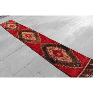 Turkish Vintage <b>Runner</b> Rug 2x12.9 ft, <b>Red</b> Brown Check Wool Rug - Product Image 4