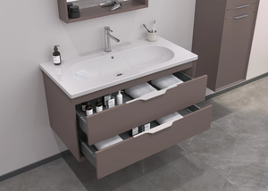 ตู้โต๊ะเครื่องแป้งร่วมสมัยพร้อมลิ้นชักสองอันและอ่างล้างจานเซรามิก - Product Image 2