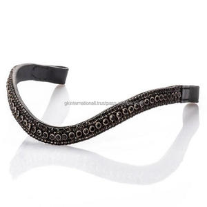 Bracelet de sourcils en cuir noir unisexe, fait à la main, de qualité supérieure, en forme ondulée, avec 5 rangées, chaîne en métal et cristaux noirs - Product Image 4