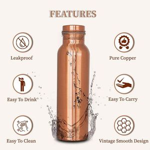 Bouteille d'eau en cuivre pur de qualité supérieure, étanche, récipient en cuivre ayurvédique pour la santé, 1000 ml, bouteille d'eau de sport sans couture pour le yoga et le bureau - Product Image 2