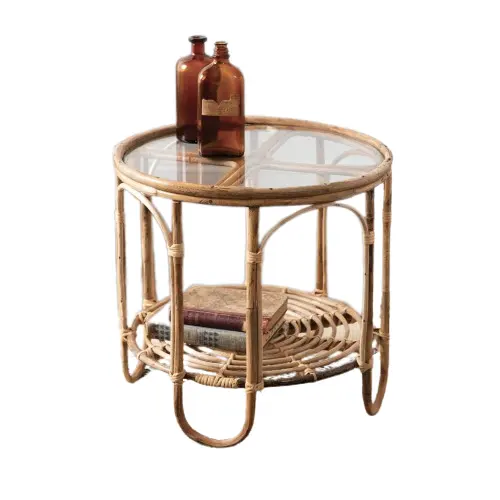 Hot Trend 2023 Rattan Wicker Natural Round Table Suitable For Coffee Tea With Glass Side On Top Decor Balcony Bedroom