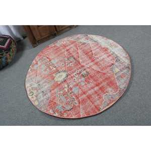Alfombra Turca Vintage Redonda de 4.5x4.5 pies (136x136 cm), Alfombra Roja Sólida - Product Image 2