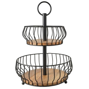 ตะกร้าผลไม้ลวดโลหะ2ชั้นพร้อมฐานไม้อุปกรณ์จัดโต๊ะสำหรับห้องครัวเคาน์เตอร์รับประทานอาหาร - Product Image 1