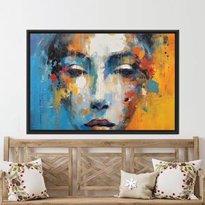 Impresión en lienzo de rostro de mujer abstracto - Decoración moderna en azul y amarillo llamativos, 1P: Enmarcado en negro - Product Image 1