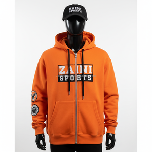 Premium 380GSM algodón polar cremallera Sudadera con capucha suave tela cálida Color naranja logotipo personalizado bordado Zip Basics Sudadera con capucha - Product Image 1