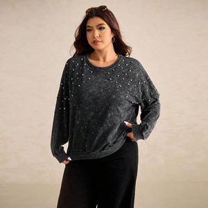 Sudadera de cuello redondo con diamantes de imitación para mujer, Jersey de algodón polar, suave, transpirable, cálido, ropa de calle de gran tamaño, moda Vintage, lavado ácido - Product Image 1