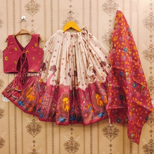 Shoryam Fashion Girls Kids Ethnic <b>Lehenga</b> Choli Set | <b>White</b> Maroon Kalamkari Printed Polyester Wrinkle Free Quick Dry - Product Image 2