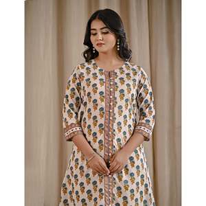 Sea Green Butti Block Printed Cotton Aline Kurti Casual Day-to-Day Office Lady Wear Floor-Length Diamond Breathable Natural - Product Image 1