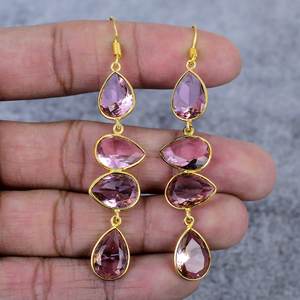 Pendientes de cuatro piedras preciosas de kunzita rosa, pendientes de boda chapados en oro de Plata de Ley 925, Pendientes colgantes de pera hechos a mano para mujer - Product Image 2
