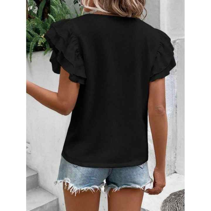 Crew Neck Sleeves Flounce Imported Crepe Blouse