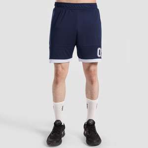Shorts de sport bleu marine 100 % polyester taille XS avec taille élastique, imprimé en relief, style cargo tendance avec logos décoratifs - Product Image 1