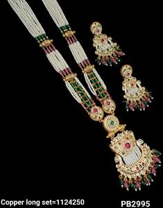 คอลเลกชันคุณภาพสูงดีไซน์นกยูงหินและ minakari งานมุกทองแดงเครื่องประดับทำงานยาวพร้อมชุดต่างหูสำหรับผู้หญิง - Product Image 1