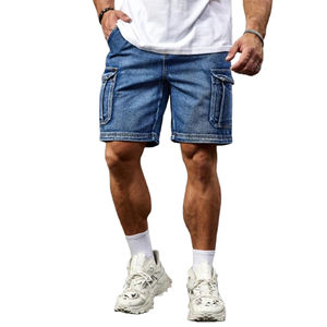 High Quality Mid Denim <b>shorts</b> for <b>men</b> Solid Color Cargo <b>Pocket</b> Breathable Straight-leg Design Casual Summer Style Dark Wash - Product Image 1