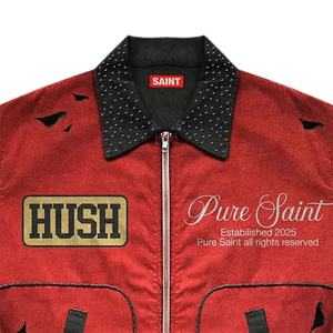 2026 Streetwear Embroidered Custom Distressed Vintage Wash Rhinestone Unisex Zip Up Denim Canvas <b>Winter</b> Jacket - Product Image 5