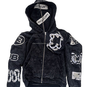 Boxy personnalisé sweat à capuche zippé surdimensionné soleil fané sweats à capuche zippés Vintage en détresse imprimé brodé lavage à l'acide sweat à capuche de jogging pour hommes - Product Image 3