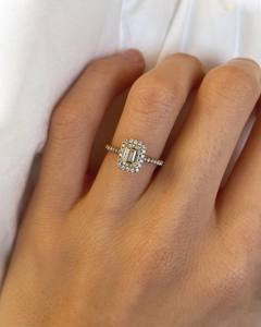 6x8mm <b>Emerald</b> Cut CZ Engagement <b>Ring</b> with Halo and Pave Band in Gold | Elegant Bridal Wedding Jewelry - Product Image 3