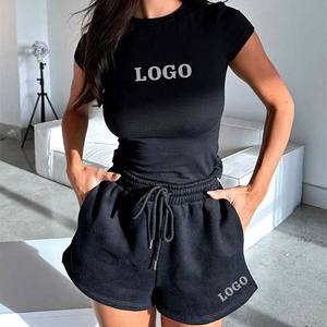 Meilleures ventes du fabricant Ensemble de t-shirts et shorts pour femmes Impression de logo personnalisé Service OEM Ceinture élastique solide Vente en gros - Product Image 6