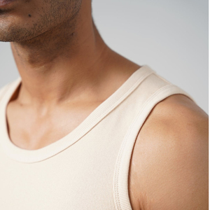 Débardeur en tricot côtelé beige pour homme, col rond, couleur unie, décontracté, sans manches - Product Image 3