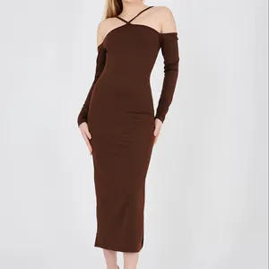 brown color maxi length women dress women brown color maxi length halter low sleeve dress