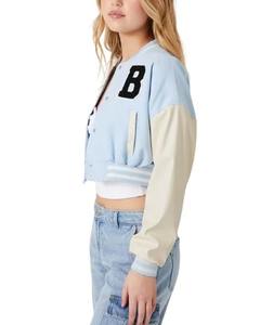 Women's Breathable <b>Jacket</b> Leather <b>Sleeves</b> Fall Varsity Collection Custom Crop Design Drop Shoulder OEM Knitted Haus Industries - Product Image 4
