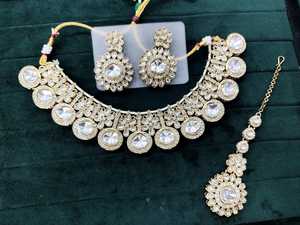 Venta caliente tradicional antiguo indio étnico sombra piedra fino chapado en oro circón pendientes conjunto de joyería para boda de mujer - Product Image 2