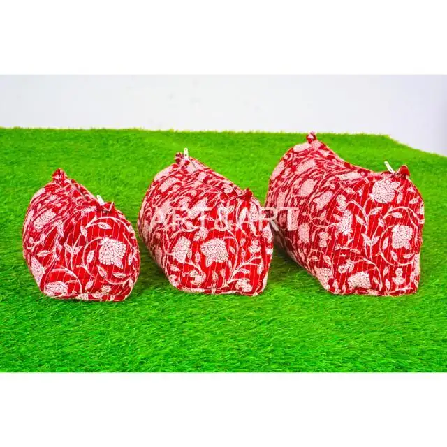 Bolsa de tecido acolchoada para mulheres, bolsa de tecido de algodão estampada floral com fecho de correr, conjunto de 3 bolsas de cosméticos estampadas em bloco manual