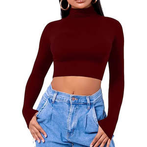 <b>Turtleneck</b> Women's Basic Mock Neck <b>Crop</b> <b>Tops</b> <b>Top</b> Quality Custom Slim Fit Long Sleeve Fitted Lightweight OEM Workout <b>Crop</b> <b>Tops</b> - Product Image 1