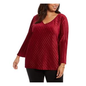 Camicetta da donna Alfani taglie forti 0X rossa con scollo a V a costine, stile casual e grazioso, a mezza manica, tinta unita o fantasia scozzese, con bottoni, primaverile - Product Image 1