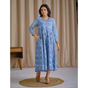 Vestido Anarkali Azul Pastel Estampado a Mano en Algodón, Casual, Elegante, Moderno, Transpirable, con Cintura Natural, Suministro ODM - Product Image 6