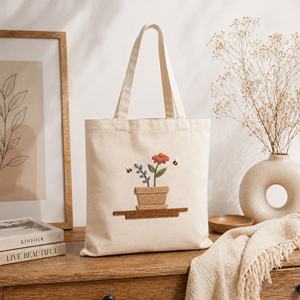 Sac fourre-tout en toile avec motif de pot de fleurs brodé, 16,0" x 14,0", style bohème, sac de shopping à ouverture supérieure - Product Image 1
