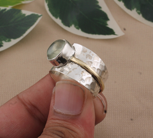 Anillo de piedras preciosas de Prehnita de Plata de Ley 925 hecho a mano Vintage Fidget Spinner Worry Meditation Ring para ocasiones de boda - Product Image 5