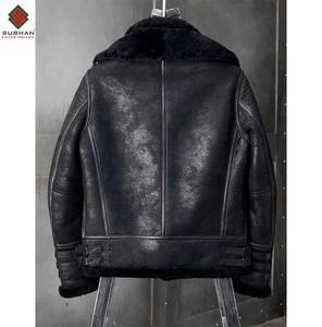 Chaqueta Bomber de Piel de Oveja Negra Hecha a Mano, Abrigo de Invierno Informal de Piel de Oveja para Hombre con Cremallera, Cuello Mao, Diseño Sólido - Product Image 2